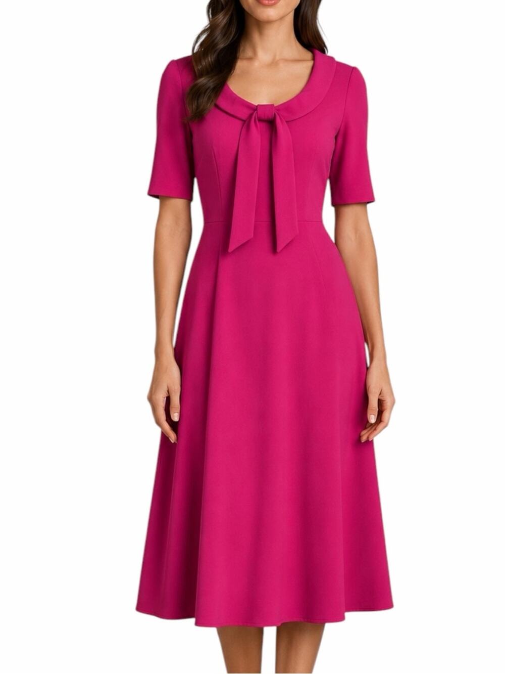 Donna Morgan Tie Neck A Line Dress Size 6 Short Sleeve Fit Flare Solid Pink NWT